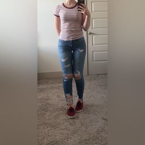 Arizona striped tee colorful t-shirt burgundy, red, mint, peach, and white top